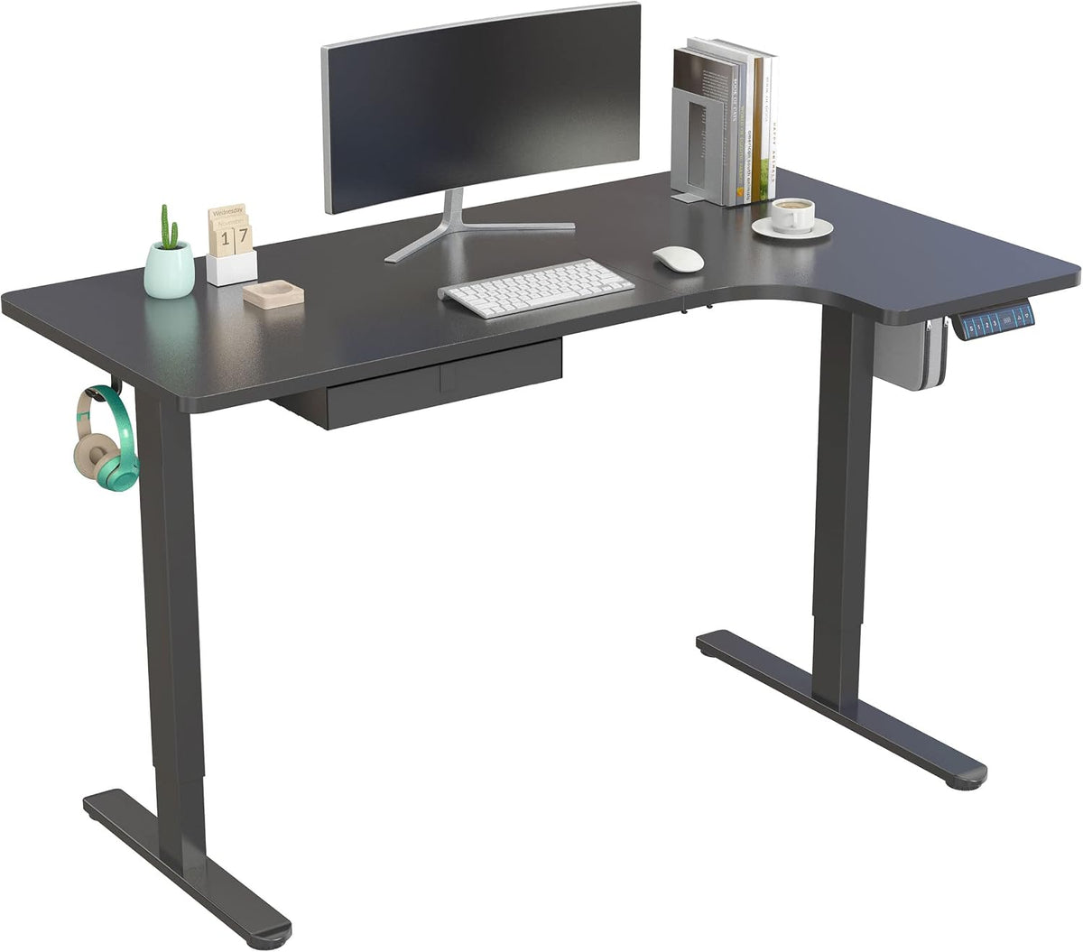Mount-It! Standing Desk L Shape, Electric Height Adjustable Sit Stand Corner Workstation with Reversible Desktop, Steel Frame, Black