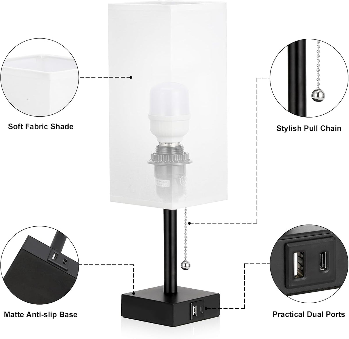 Set of 2 White Bedside Table Lamps for Bedroom - Nightstand Lamp, USB C+A