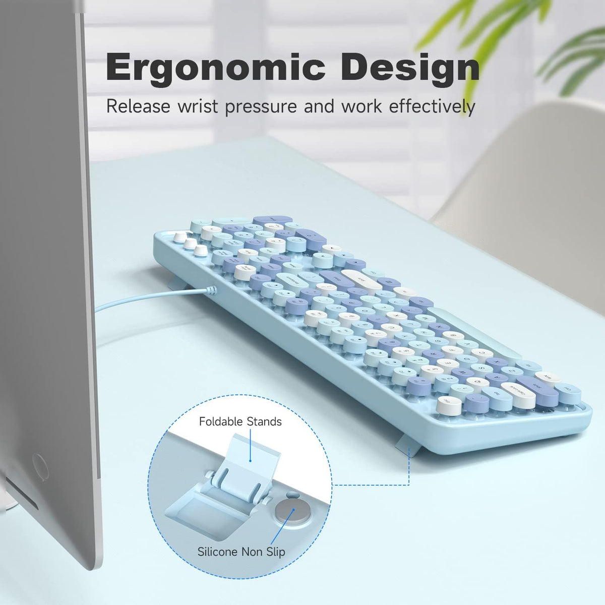 MOWUX Computer Keyboard Wired, Plug and Play USB Retro Round Typewriter Keyboard, Full Size Wired Keyboard with Foldable Stands for Laptop and Office PC- Blue Colorful