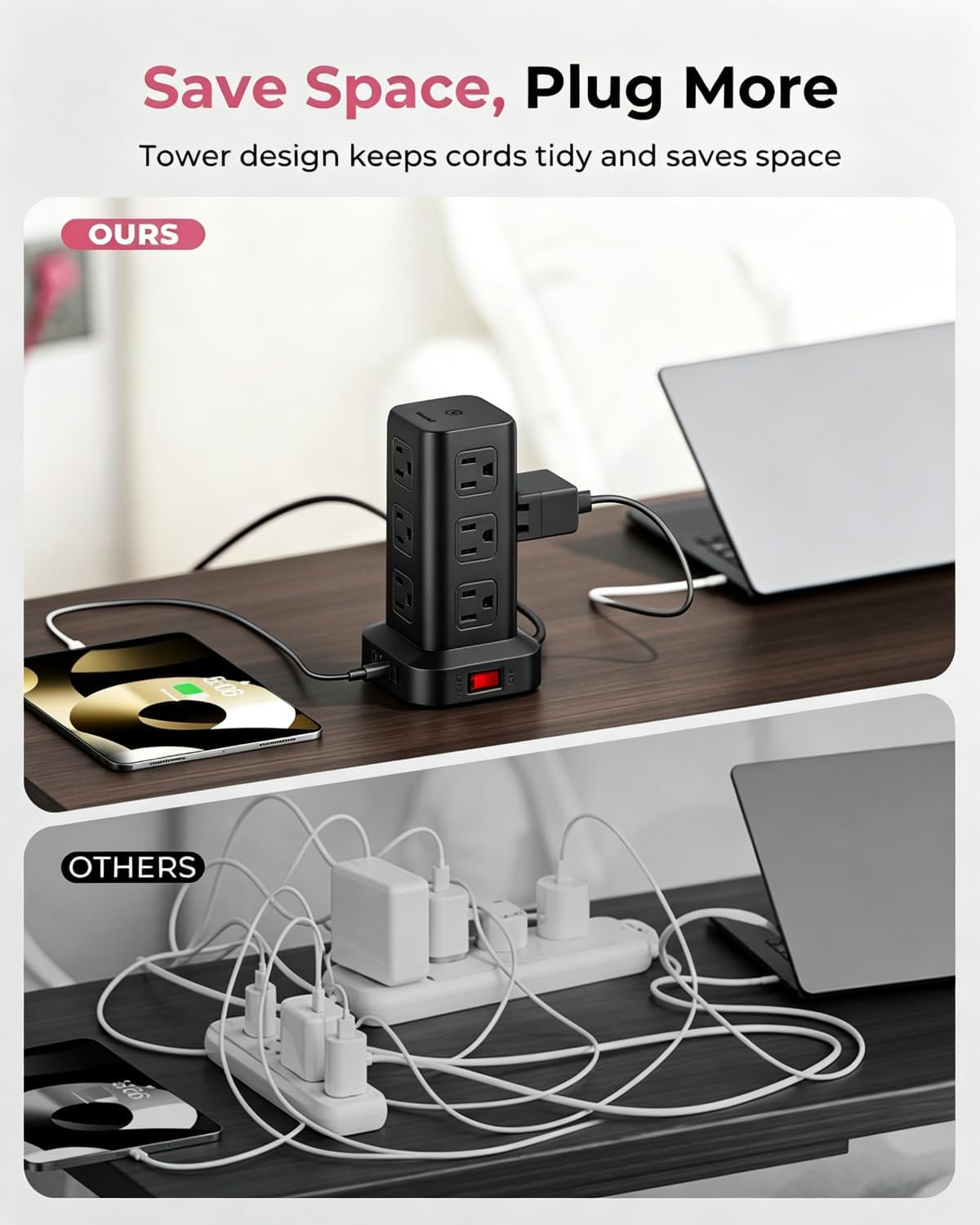 Power Strip 6.5 FT Cord, Power Strip Tower with 4 USB Ports (2USB C), Extension Cord with 12 AC Multiple Outlets, Home Office Supplies Desk Accessories, Dorm Room Essentials