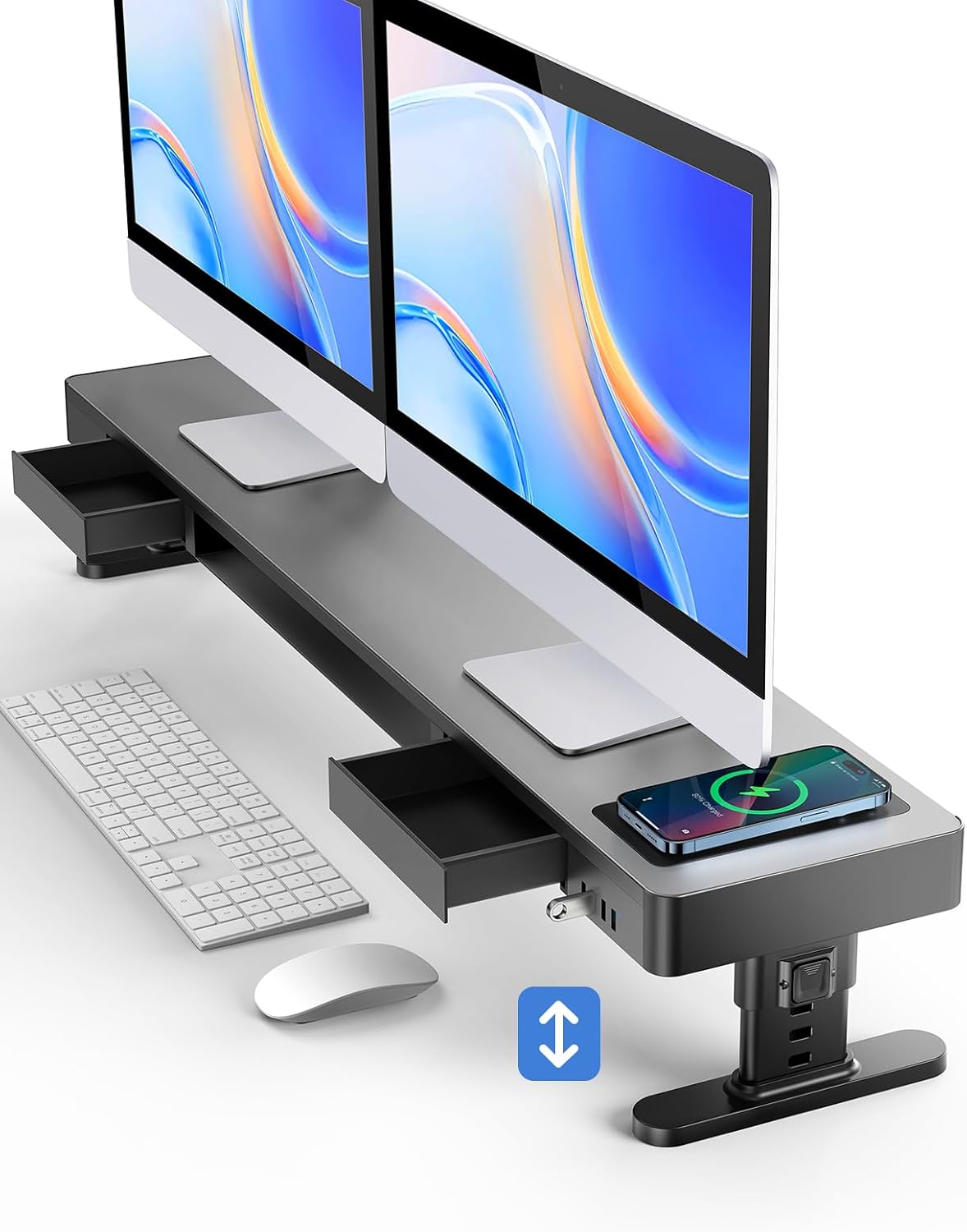 meatanty Dual Monitor Stand with 4 Adjustable Heights, Auto Phone Charging Pad, 4 USB Ports, Computer Riser with Drawers Storage, Metal Double Desk Organizer Lifter Raiser for 2 Monitors Screen Gift