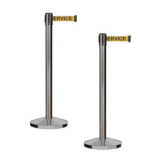 CCW Series RBB-100 - Set of 2 Stanchion Retractable Belt Barriers (11 Foot Belt, Yellow with"Out of Service" Black Letters Belt with Satin Stainless Steel Post)