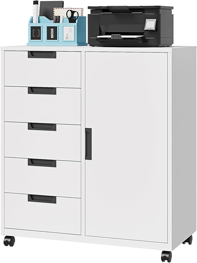Letaya 5 Drawer Storage Cabinet, Mobile Printer Stand for Home Office,Dresser Chest with Shelves and Door(White)