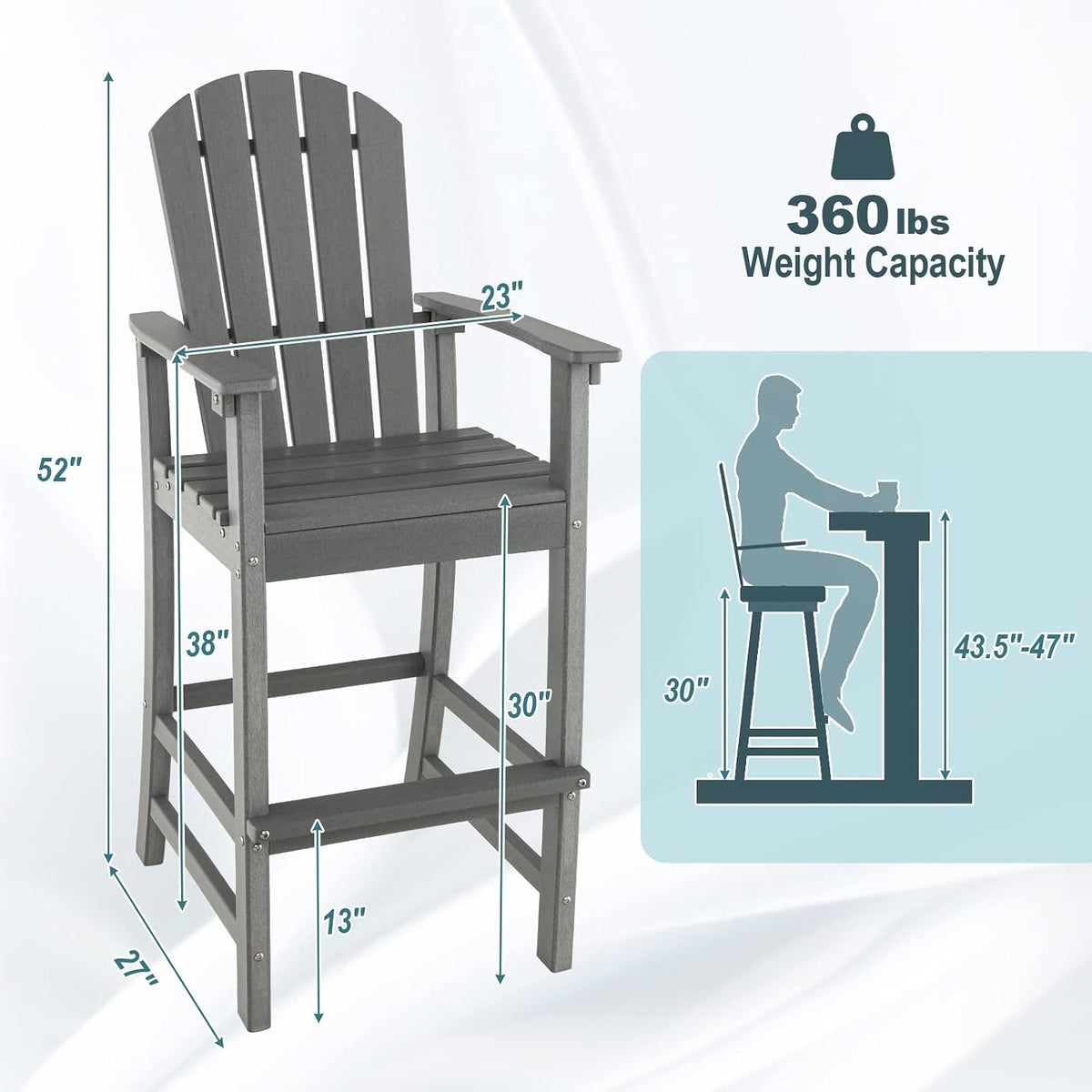 GIANTEX Outdoor HDPE Bar Stool, Tall Adirondack Chair with Armrests and Footrest, 30 Inches Counter Height Bar Stool for Garden, Backyard, Weather Resistance, Easy Maintenance (2, Gray)