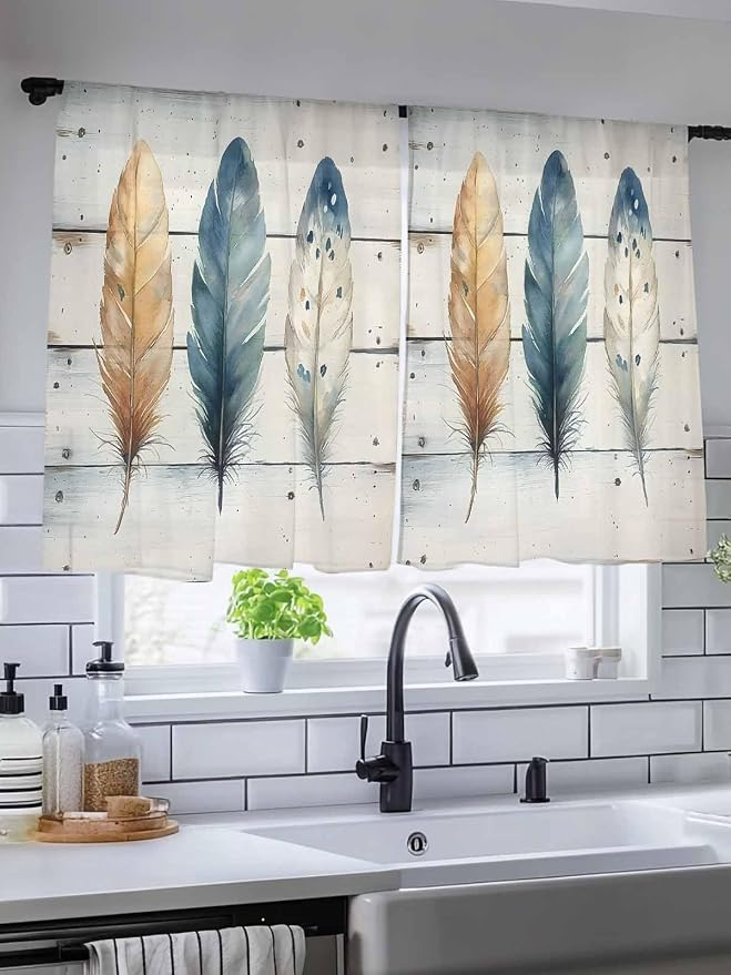 Sheer Curtains 45 Inch Length, Boho Blue Feathers Semi Sheer Curtains Light