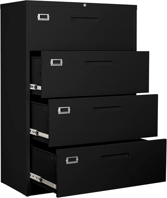 4 Drawer Filing Cabinet with Lock Metal Lateral File Cabinet Office Home Steel Lateral File Cabinet for A4 Legal/Letter Size Wide Metal Cabinet Locked,Assembly Required (4 Drawer, Black)