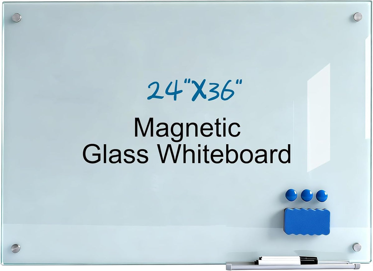 Glass Magnetic White Board, 36"x24" Dry Erase Board for Wall, Bulletin Whiteboard for School Classroom Office Homeschool