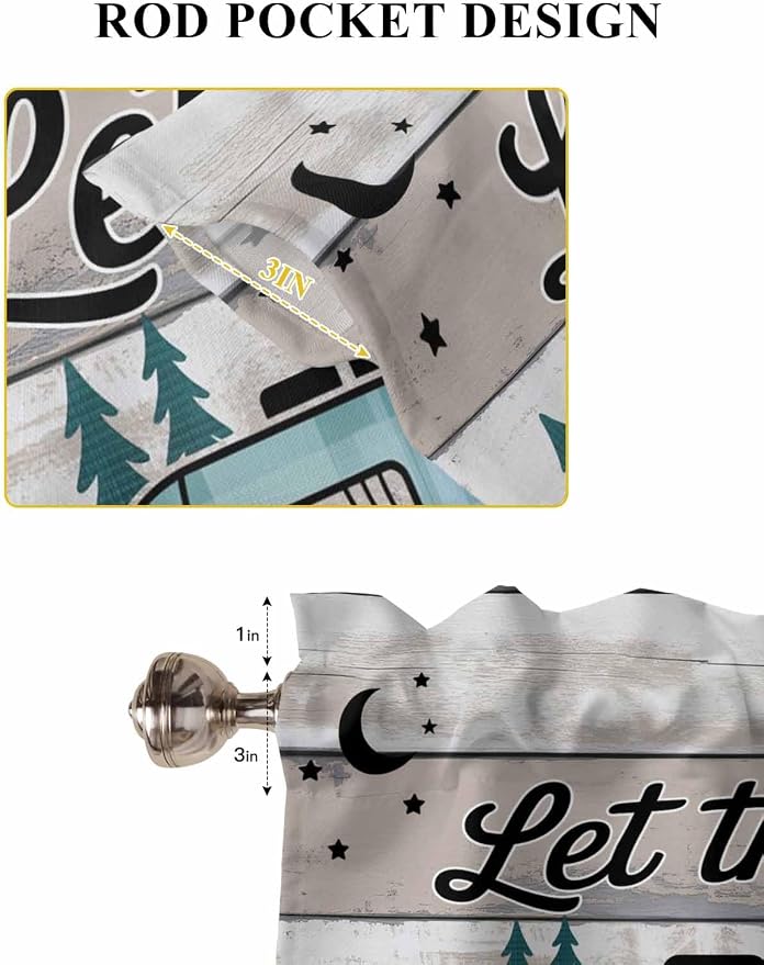 Farmhouse Bear Camper Van Tree Window Valance Curtains, Vintage Wood Grain