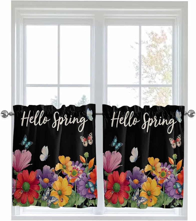 Spring Flowers Half Window Curtain 36 Inches Long, Watercolor Country Colorful