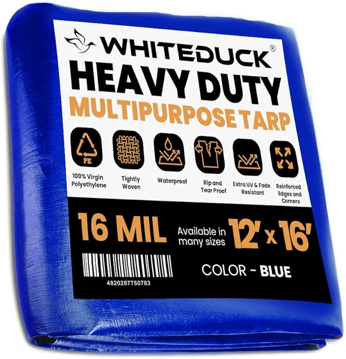WHITEDUCK 12' x 16' Super Heavy Duty Poly Tarp Thick 16 Mil, Waterproof 100% UV Resistant Rip/Tear Proof Tarp w/Rustproof Grommets & Reinforced Edges Blue,16 mil Finished Size: 11'6"x15'6"