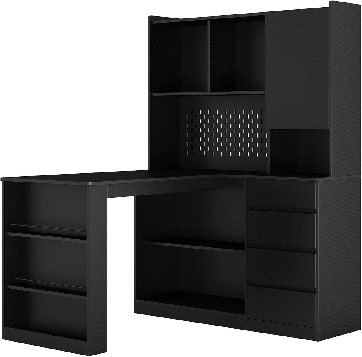 Mid-Century Office Corner Computer Desk with Bookshelf and LED, Black