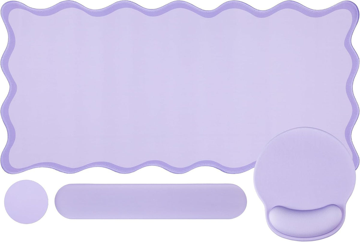 Sabary Scalloped Desk Mat Keyboard Mouse Pad Set Purple 35.5 x 15.7 Inch