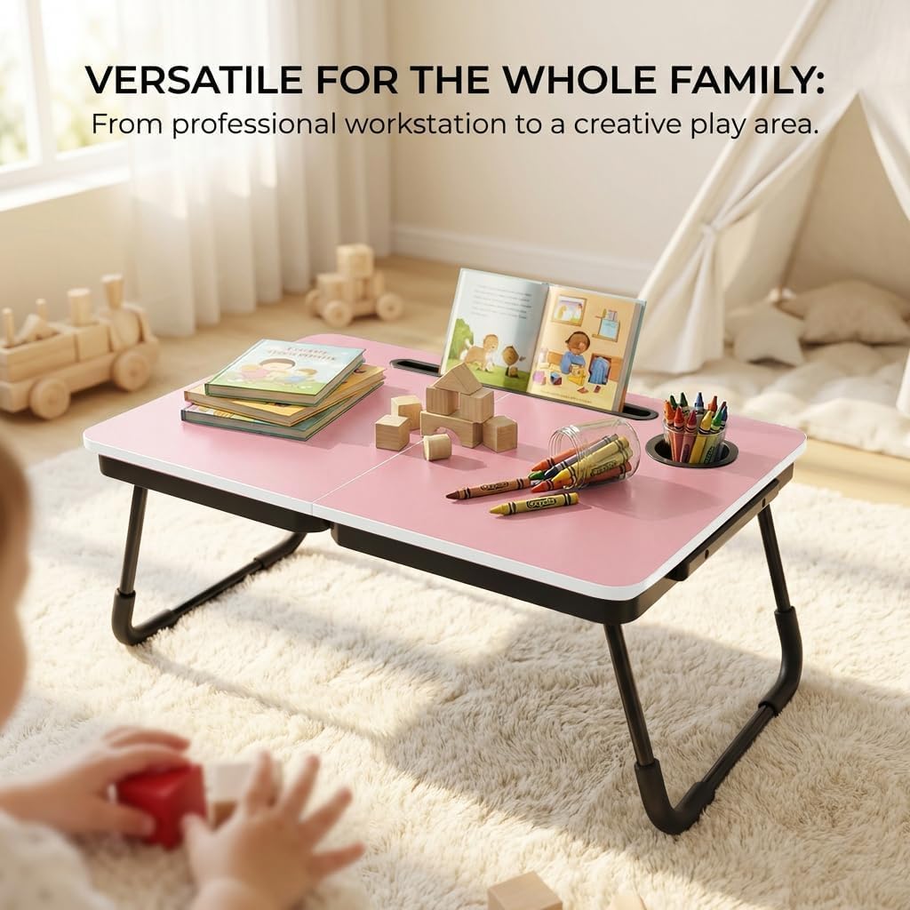 BUYIFY 23.4" Foldable Lap Desk Bed Table with Cup Holder Portable Tray