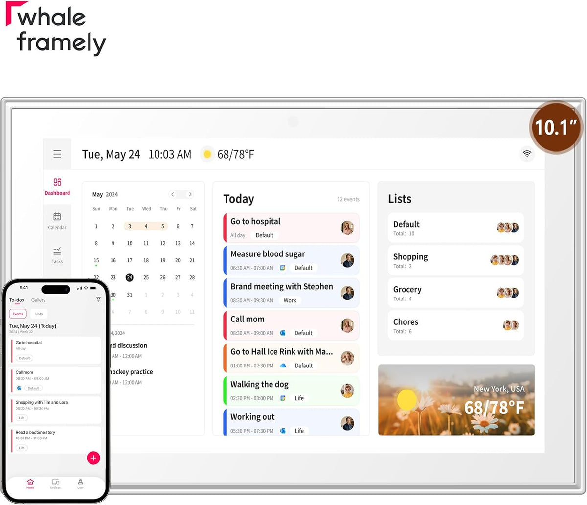 Whale Framely 10.1 Inch Digital Wall Calendar, Smart Family Schedule & Chore Chart,Meal planner, IPS FHD Touchscreen Wall Planner with Auto-Rotate, Wall Organizer, Gift for Father‘s Day/Grandpa