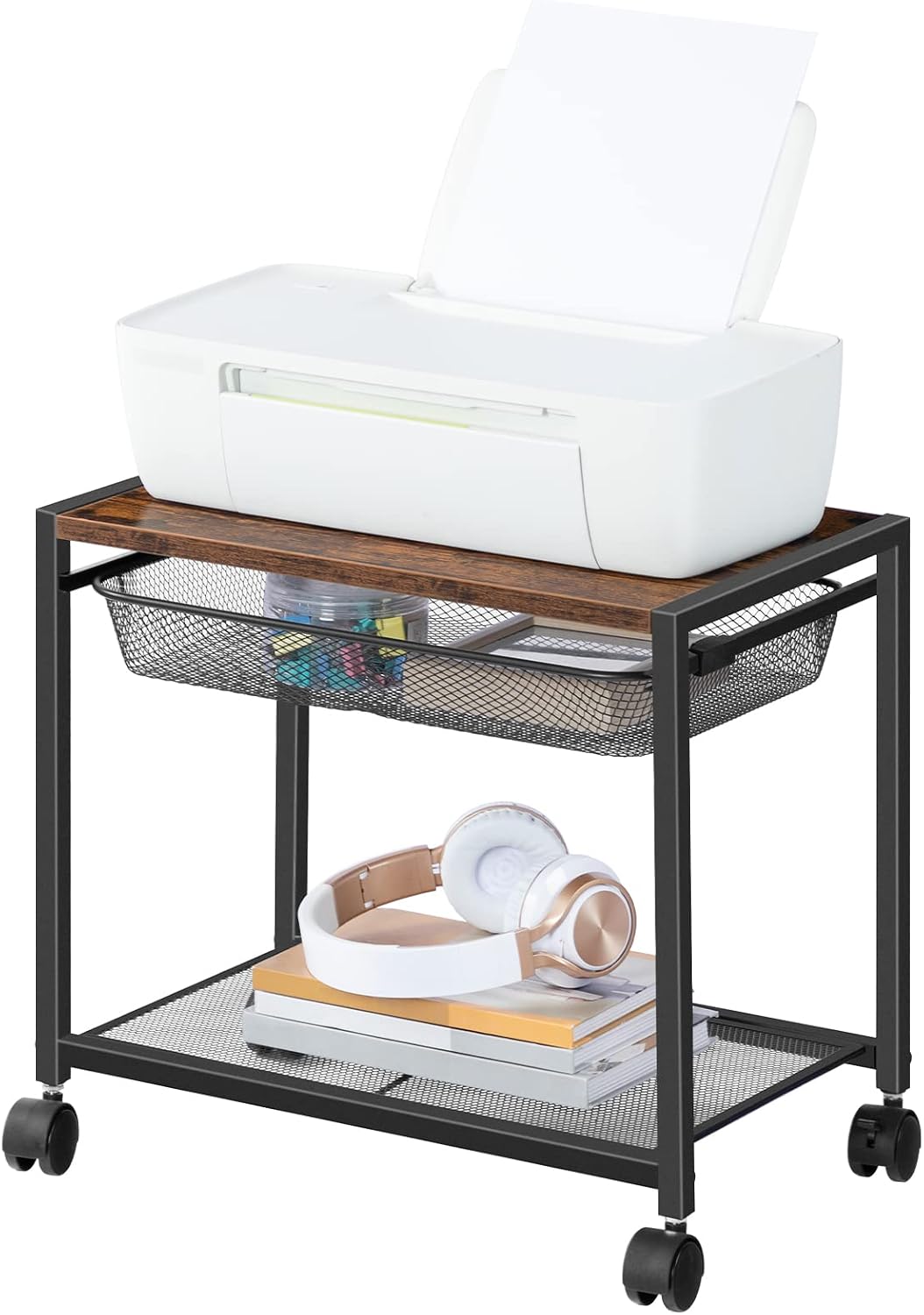 HOOBRO Under Desk Printer Stand, Industrial Printer Cart with Storage Shelf, 2-Tier Mobile Printer Table on Wheels, Heavy Duty Machine Storage Rack for Office and Home Rustic Brown + Black BF12PS01