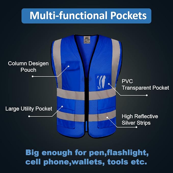 10 Pack Mesh Safety Vest Custom Logo High Visibility Reflective Vest with Pockets Security Work Vest（Blue，M）