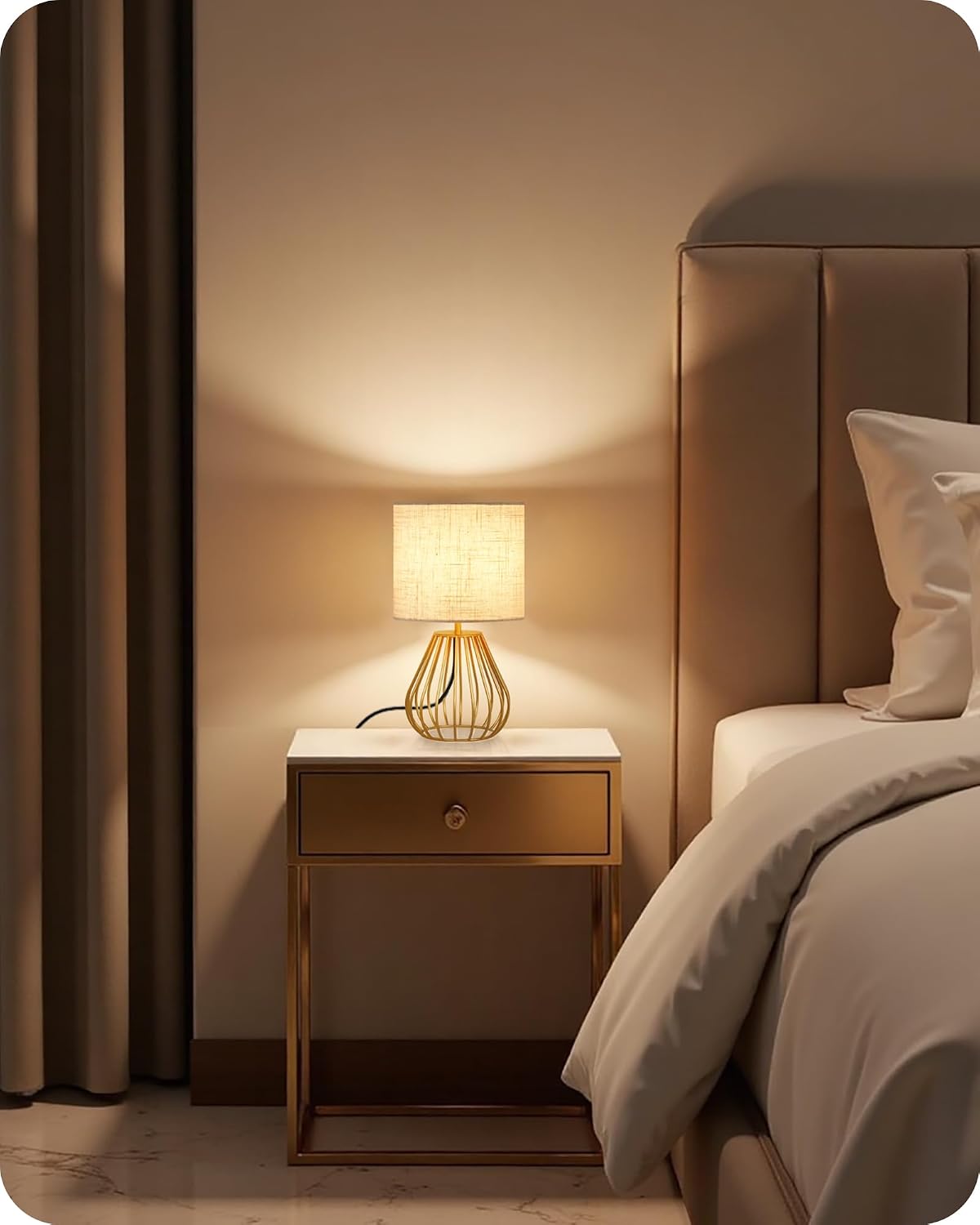 Gold Table Lamp, 12.6'' Small Table Lamp with Beige Linen Lampshade & Gold Cage Base, Modern Little Cute Desk Lamp, Bedside Lamp for Bedroom, Living Room, 2700K LED Bulb Included, DE06TL05