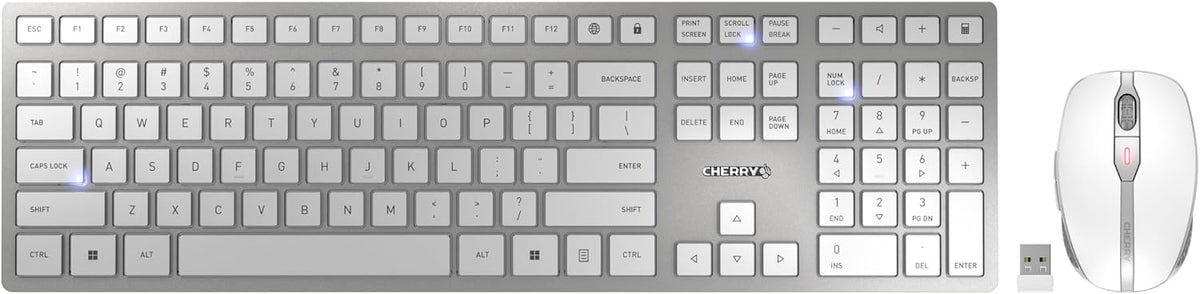 CHERRY DW 9100 Slim, Wireless Keyboard and Mouse Set, Bluetooth & 2.4 GHz RF Connection, Quiet Keys, Comfortable Writing, Rechargeable, QWERTY, Silver/White