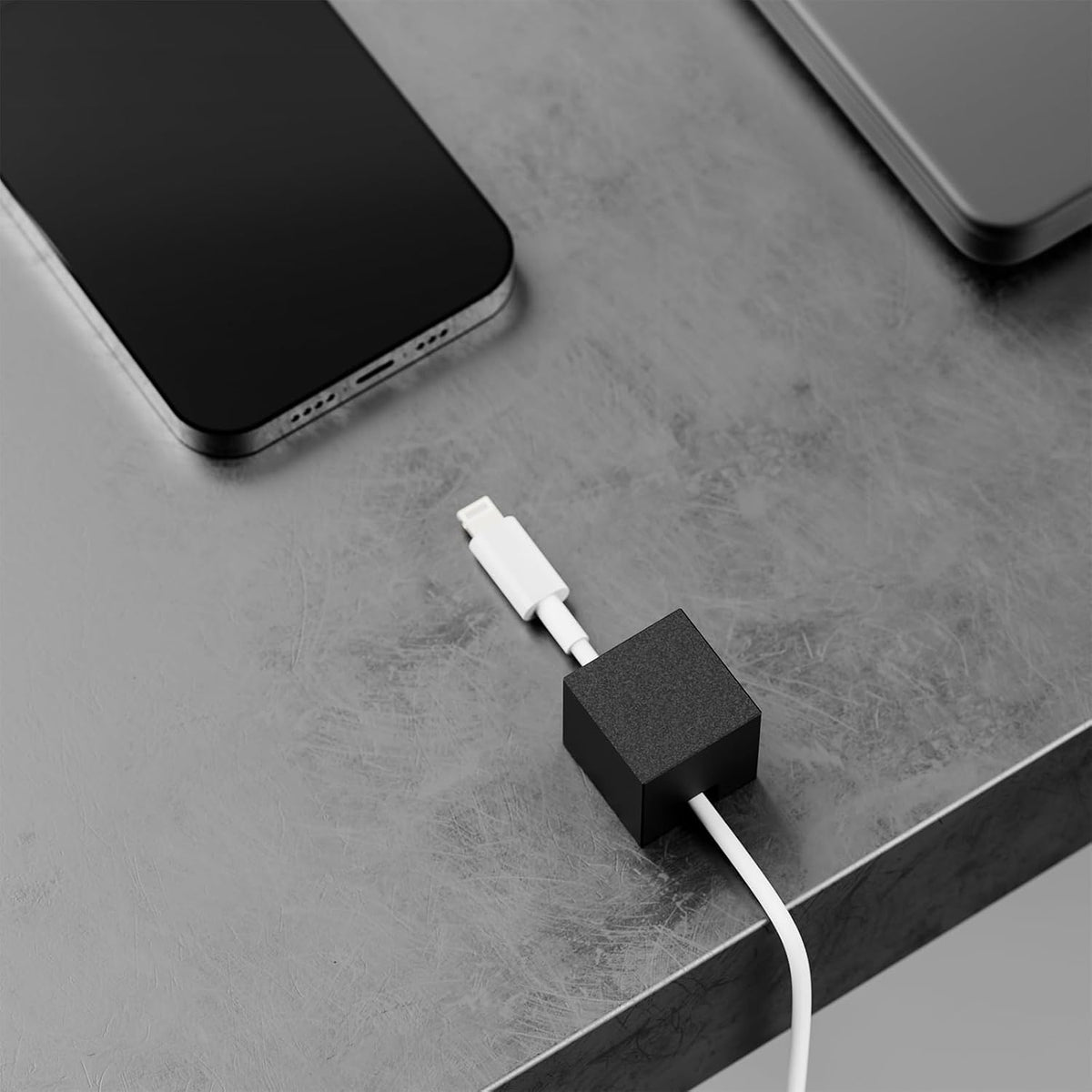 (2 PCS - Black) Metal Cord Holder, Weighted Cable Organizer or Management, Heavy Wire Keeper for Nightstand, Bedside Table, Desk - N2U Cube Cords Strap for Phone USB-C, Lightning Charger Cables