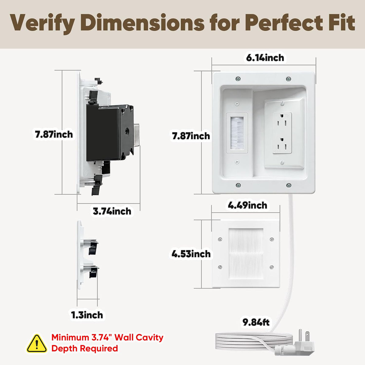 in Wall TV Cable Management Kit with Brush Wall Plate TV Cable Hider Wall Kit-9.8FT Cord, UL Listed, Recessed Dual AC Outlets Box for Wall-Mounted TV and Home Theater