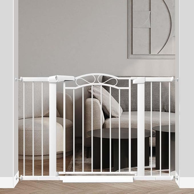 Fairy Baby 29.5"-48.8" Extra Wide Baby Gate for Stairs, Pressure Mounted Metal Long Dog Gates Indoor for House Doorways Walk Thru No Drill Pet Gates Child Safety Gate for Kids, White