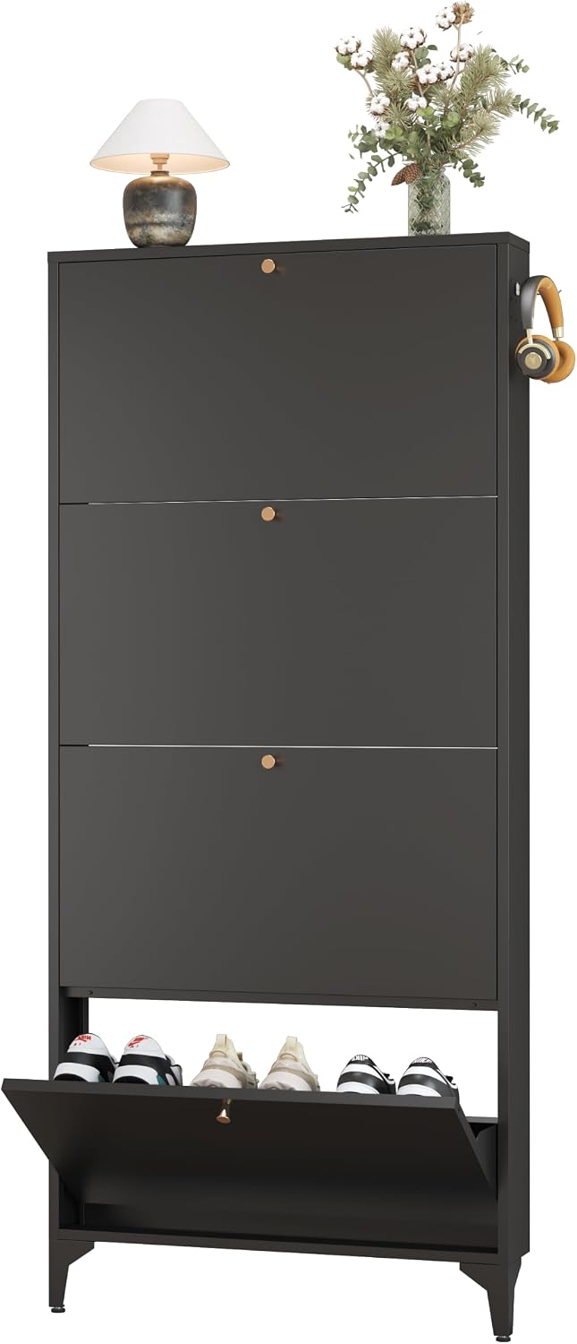 Shoe Cabinet with 4 Flip Drawers, Narrow Shoe Storage Cabinet, Farmhouse Shoe Organizer, Freestanding Organizer with Metal Legs for Entryway, Foyer (Black, 4 Door)