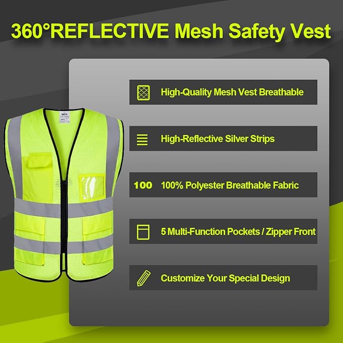Mesh Safety Vest Custom Logo Class 2 High Visibility Reflective Vest with Pockets Construction Security Work Vest（Yellow，L）