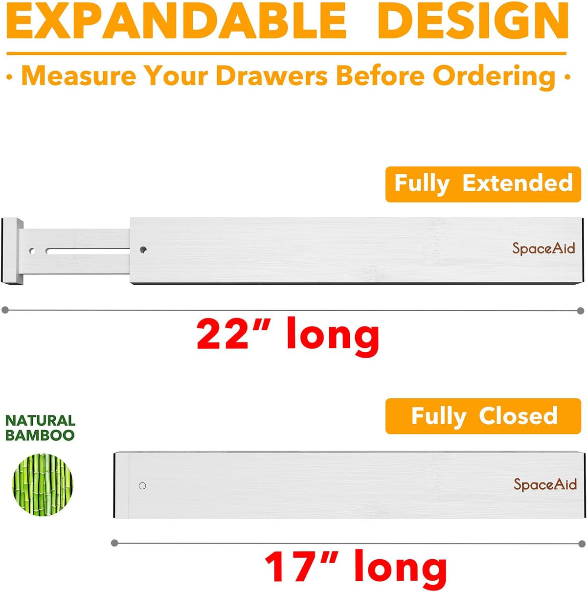 SpaceAid 4 Pack Bamboo Drawer Dividers with Labels, Kitchen Adjustable Drawer Organizers, Expandable Organization for Home Clothes Dressers (17-22 in, White)