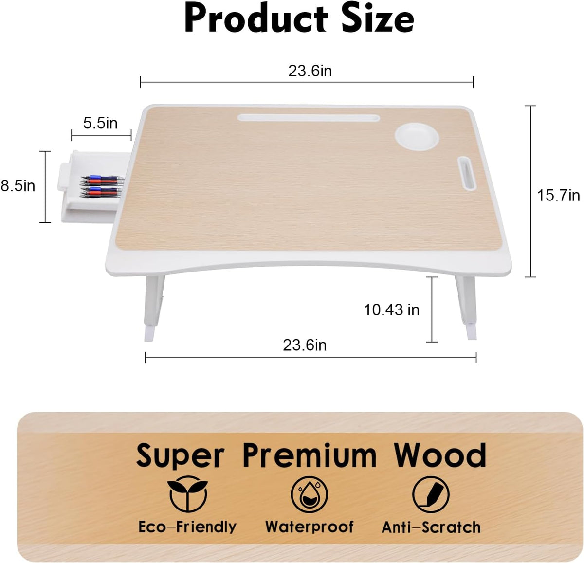 Amaredom Lap Desk, Foldable Bed Desk for Laptop, 23.6" x15.7" - White Oak