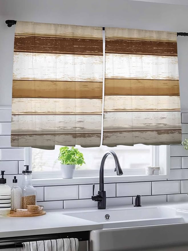Sheer Curtains 54 Inch Length, Vintage Country Geometric Striped Privacy Voile