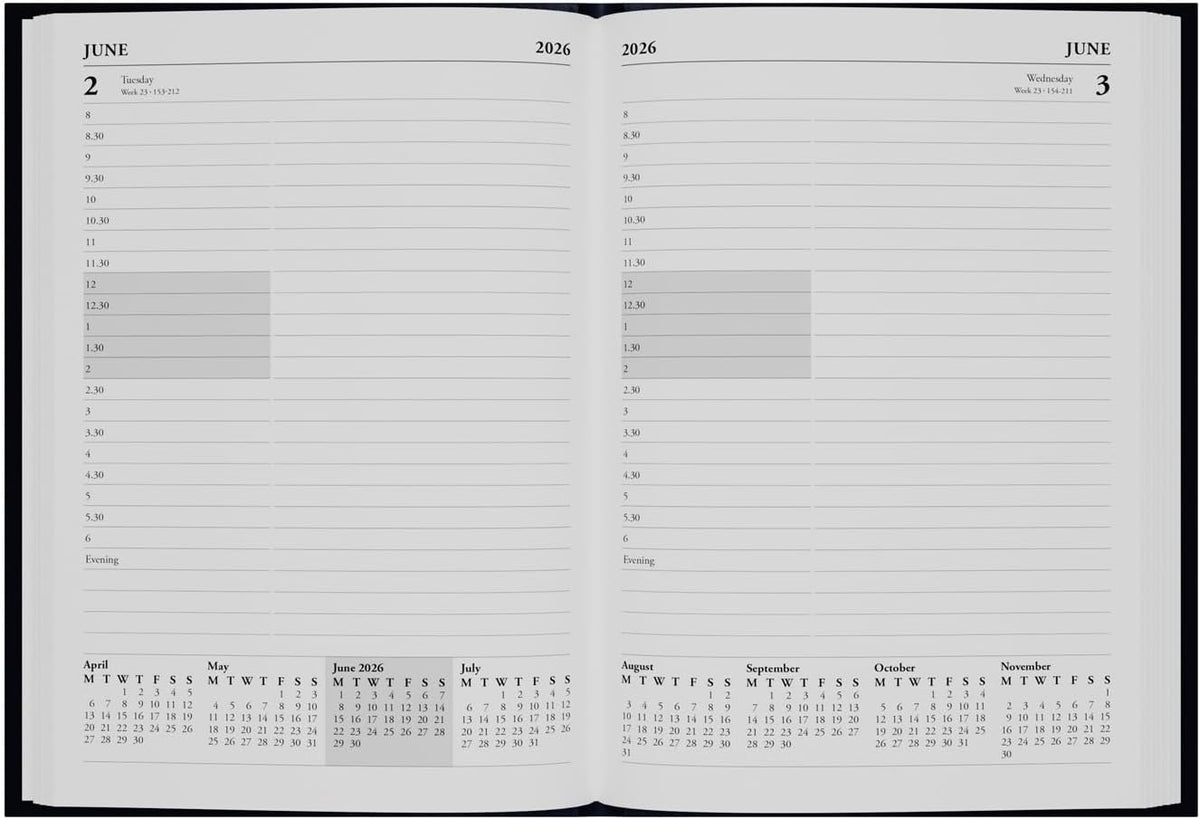 Collins - Essential - 2026 12 Month Calendar Year Planner, Day-To-Page with 1/2 Hourly Appointments Diary, A5 Hard Cover - Blue (ESSA51A.60-26)