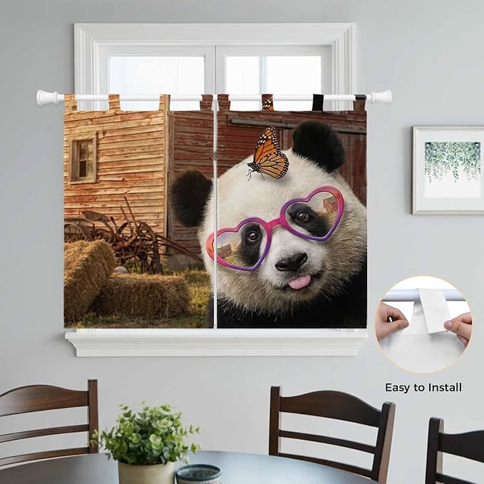 Farm Panda Bedroom Curtains 63 Inch Length, Window Curtains Tab Top, Farmhouse