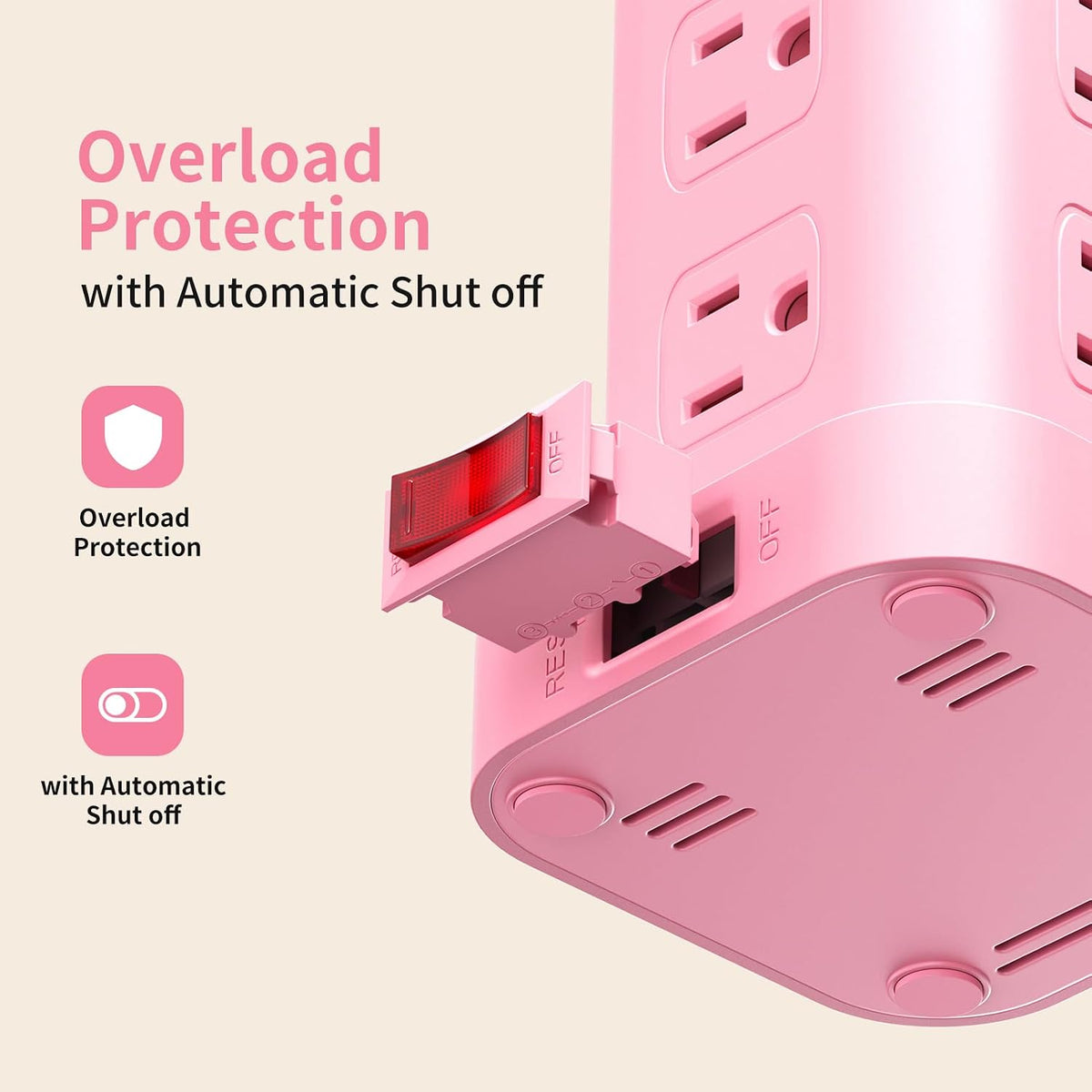 Extension Cord with Multiple Outlets, SMALLRT Power Strip Tower, Outlet Extender with 12 AC Outlets 4 USB, 6.5FT Extension Cord for Home Dorm Room, Office Supplies, Pink