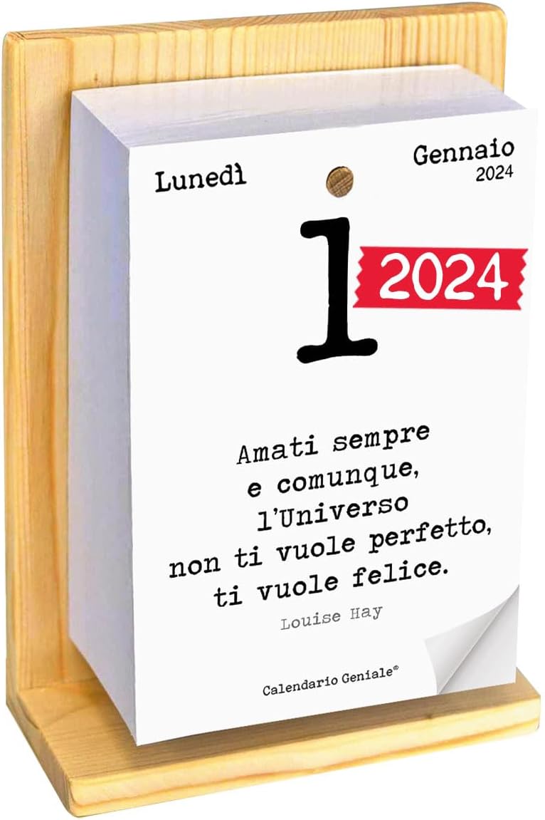 Calendario Geniale 2024. The Original. Organic Natural Fir Wood Stand. Gift Idea. The First with Digital Bonuses. Read a Phrase and Philosophical Thought Every Day. Calendar with Box
