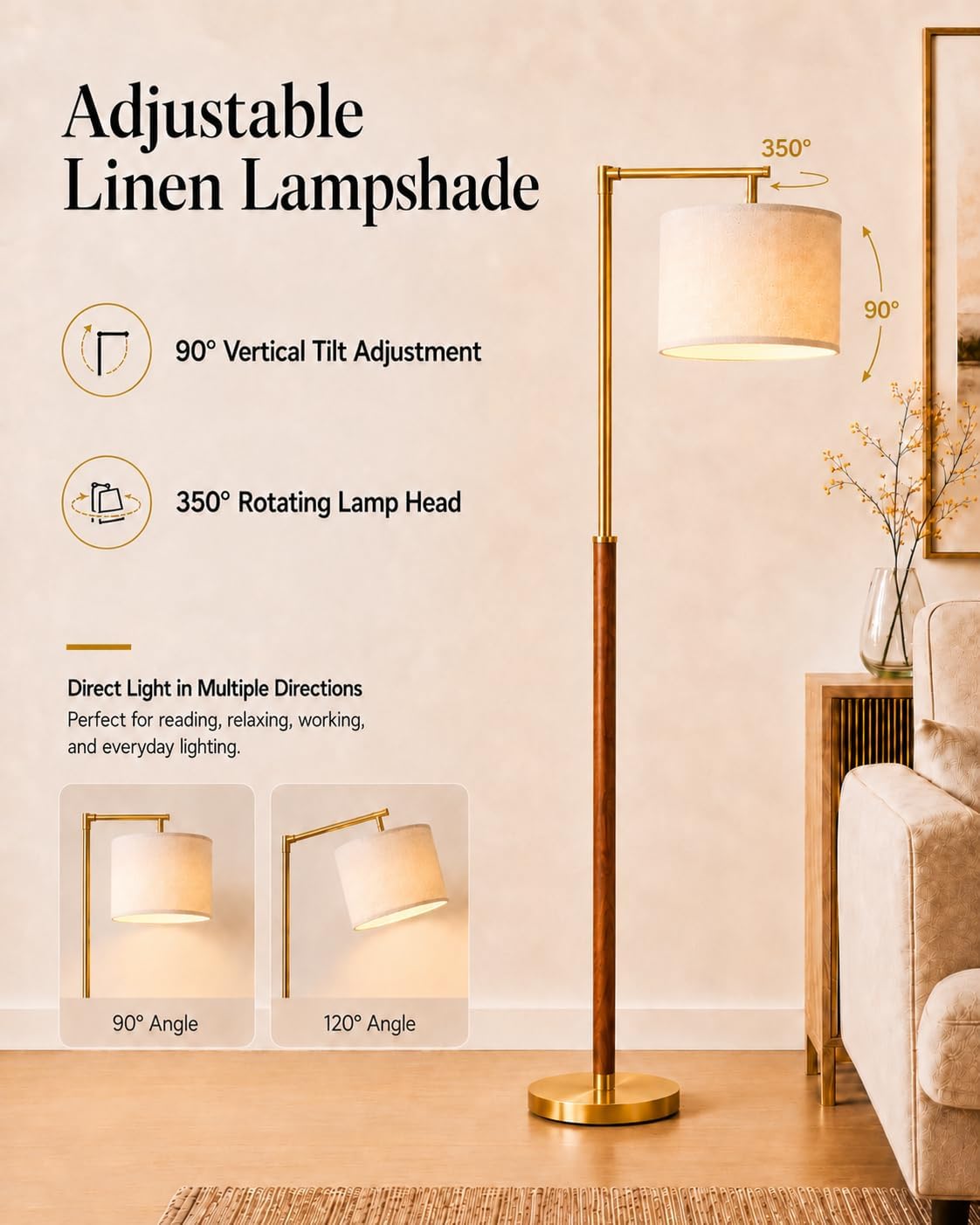 Real Wood Floor Lamps for Living Room, Mid Century Modern Arc Floor Lamp