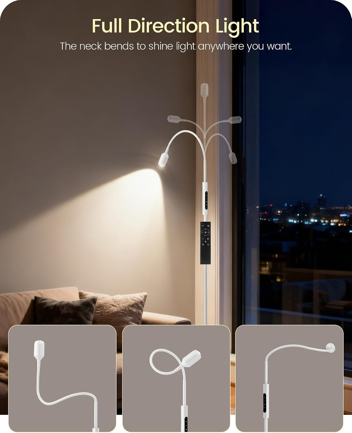 Reading Floor Lamp, 74.2" Tall LED Lamp, with 360° Flexible Gooseneck & Touch & Remote Control, Ajustable Color & Beam, Crafts Standing Lamp, for Reading, Task Craft, Living, White WW16LD05