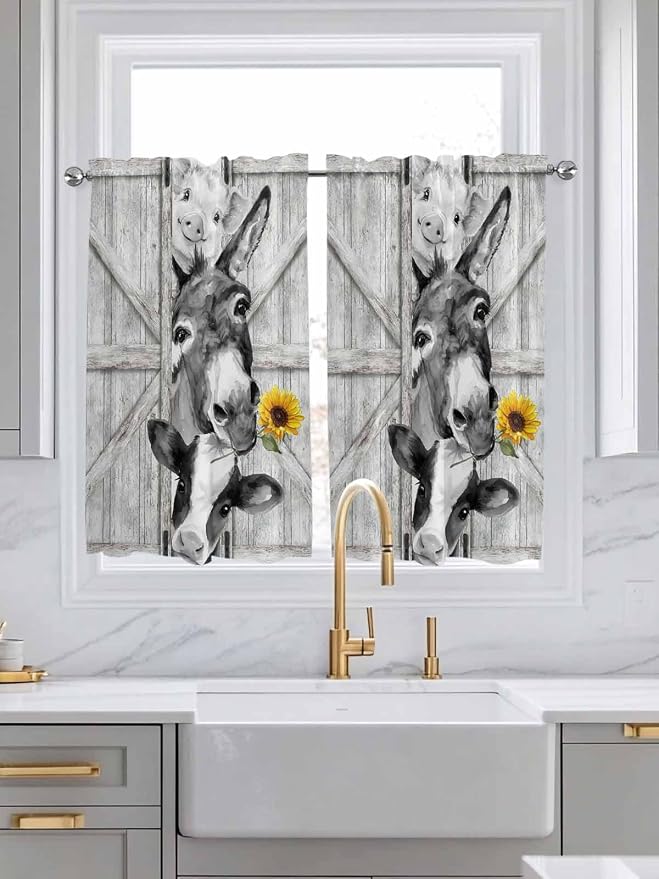 Grey Farmhouse Kitchen Curtains 54 Inches Length, Vintage Sunflowers Animals
