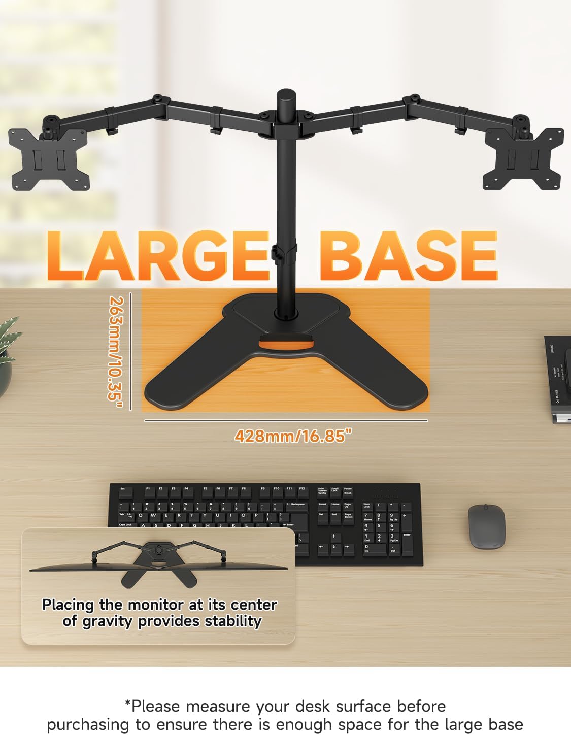 Bracwiser Dual Monitor Stand Mount, Free-Standing Full Motion Monitor Desk Mount for Two 13-32 inch, 15.43lbs, Adjustable Angle Height Monitors Arm, Desk Stand, Ergonomic L Feet, Black (ML7442)