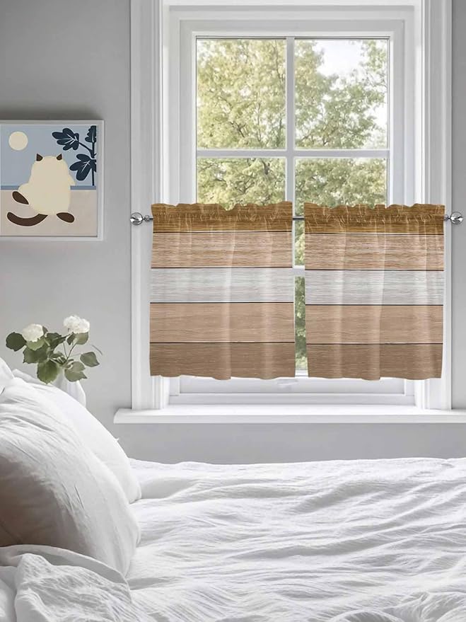 Retro Farm Wood Board Window Valance Curtains, 2 Panel