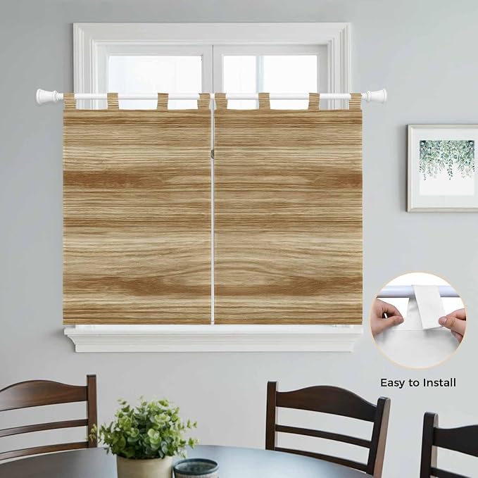 Light Brown Wood Grain Kitchen Curtains 45 Inch Length, Short Cafe Window