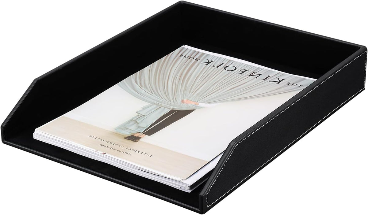 KINGFOM Letter Tray, PU Leather Paper Organizer Tray for Desk, Paper Organizer Storage Holder for Office Home or School A4 Size Black