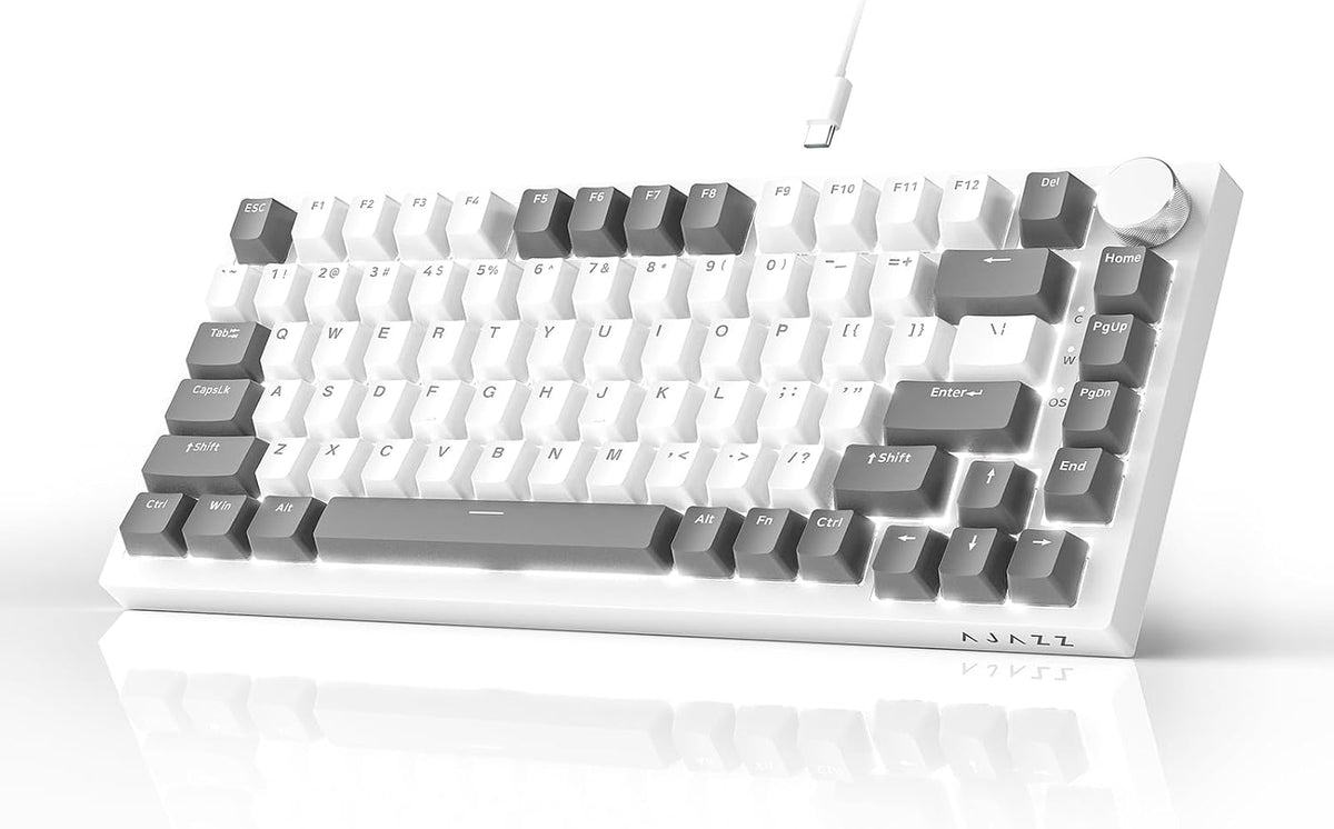 Ajazz AK820 75% Mechanical Gaming Keyboard, Wired Gasket Mount Hot-Swappable Keyboard with Volume Knob, 5-Layer Sound Dampening, PBT Keycaps, 82 Keys, Gray White