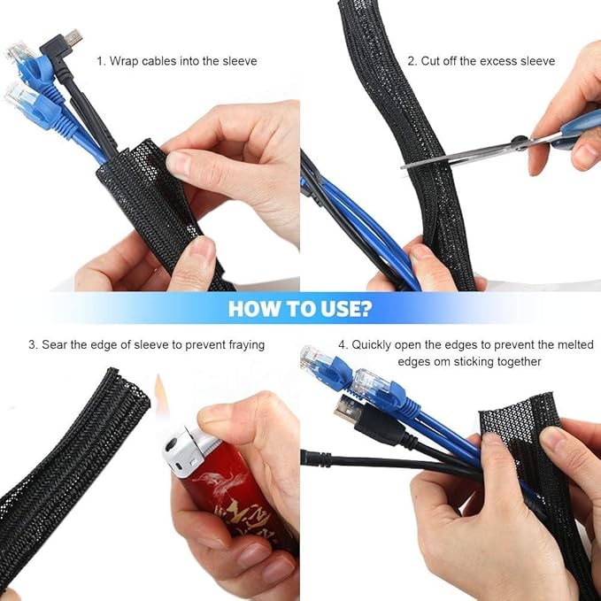 AGPTEK Cable Sleeve Cover, 6.6ft - 2/3 inch Desk Cord Organizer Cable Hider, Home Office Wire Management Computer TV Wire Loom Tubing, Pet Proof Cord Protector, from Cat Dog Chewing, Black