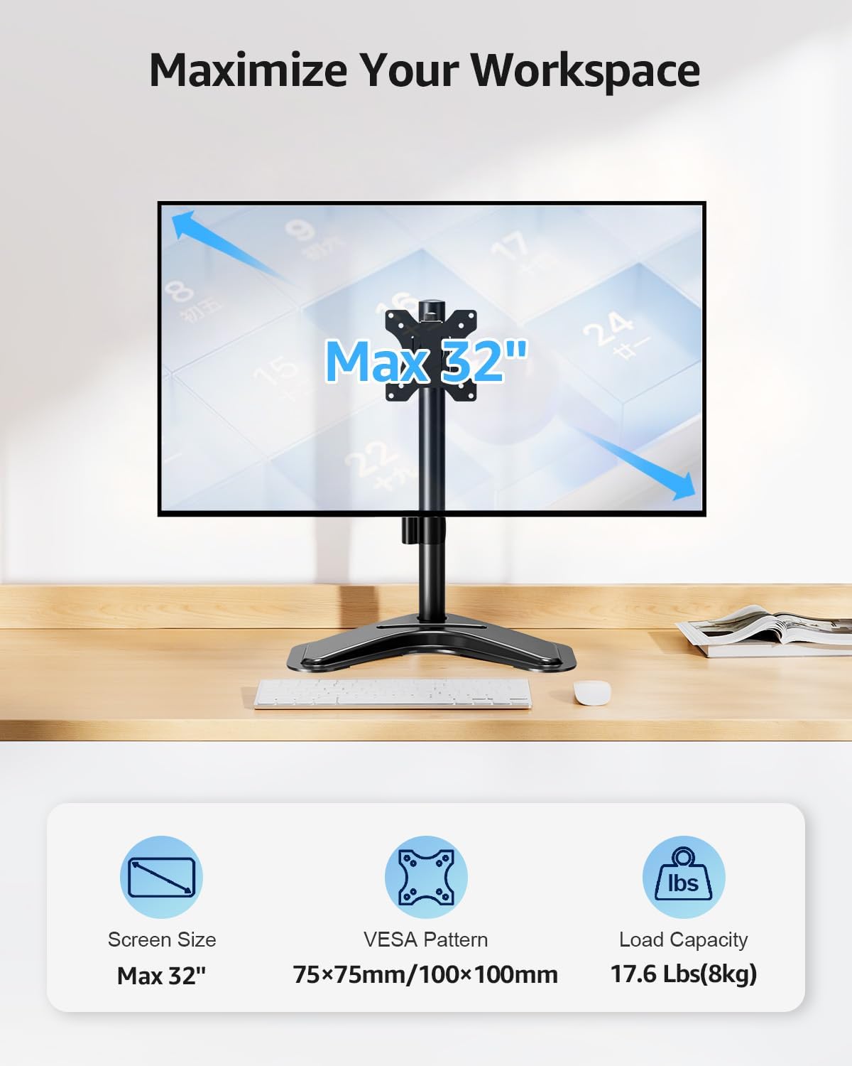 MOUNTUP Single Monitor Stands, Freestanding VESA Monitor Desk Mount fits 13'' to 32'' Computer Screen with Height Adjustable, Swivel, Tilt, Rotation, 17.6 lbs Load, For Home Office, VESA 75x75/100x100