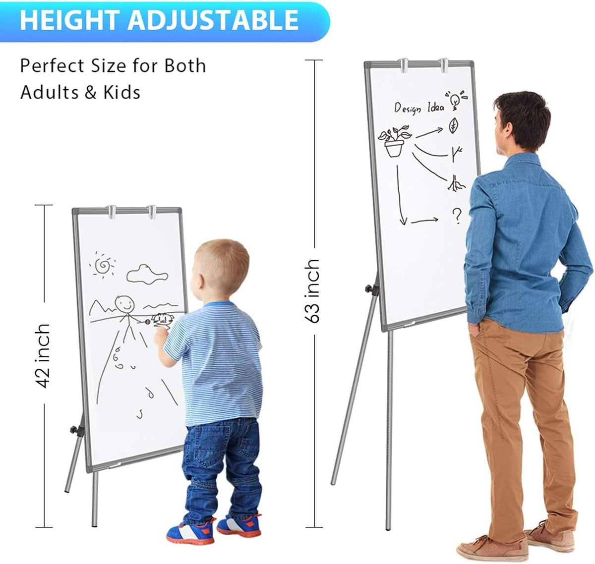Maxtek Easel Whiteboard 36 x 24, Stand Tripod with Height Adjustable, Gray
