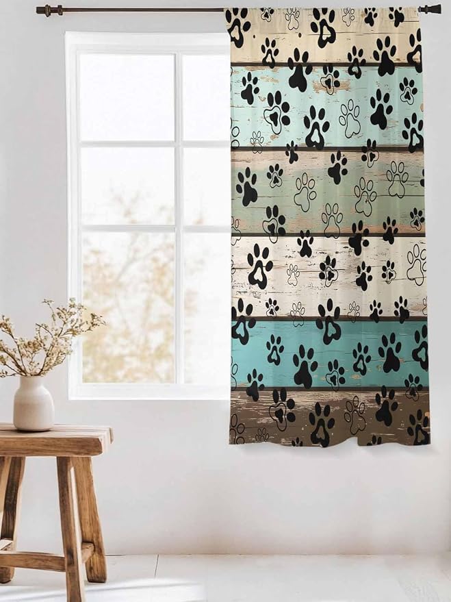 Sheer Curtains 72 Inches Long, Sage Green Brown Paw Prints Semi Sheer Curtains