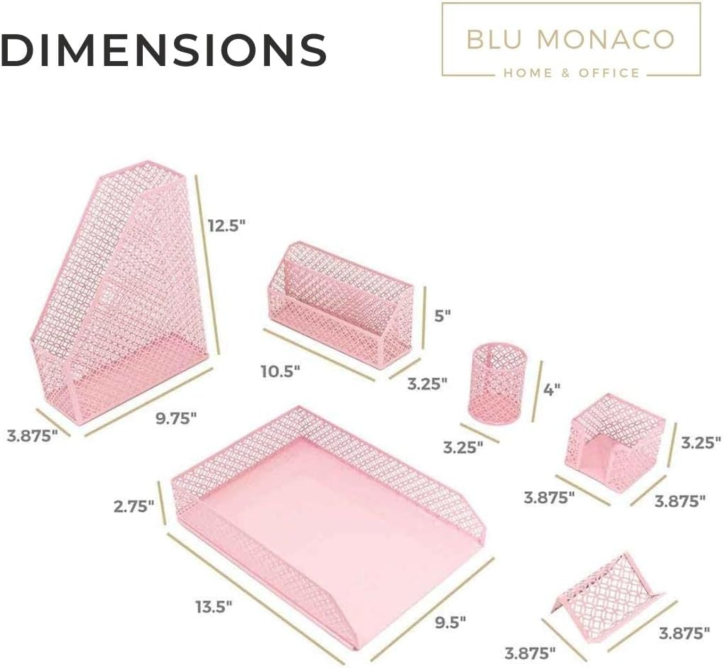 BLU MONACO Pink Desk Organizer Set | 6-Piece Metal Desktop Accessories | Mail Sorter Organizer Countertop | Letter Sorter for Desk | Mesh Pen Holder | Home Office or Dorm