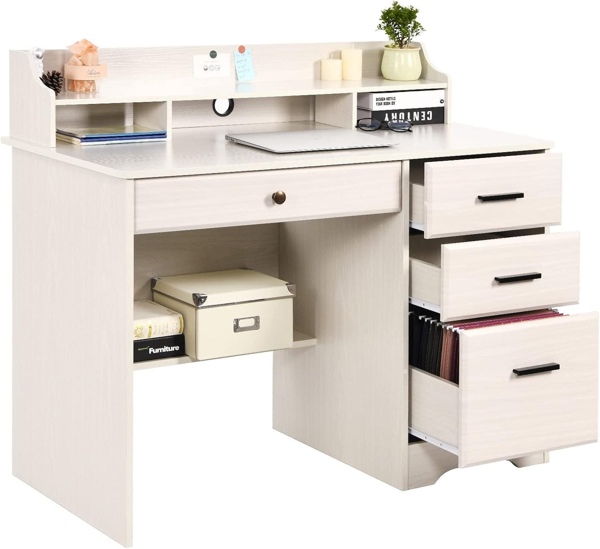White Home Office Desk with 4 Drawers & Hutch, Computer Table for Bedroom, Off-White