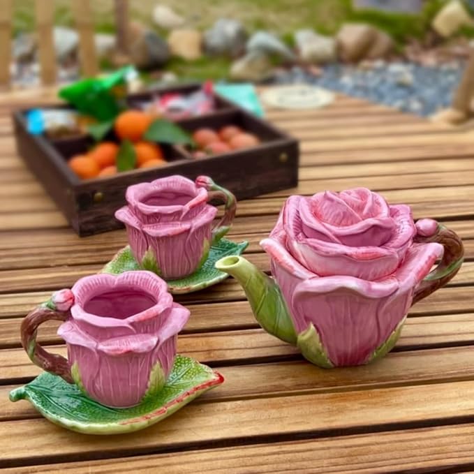 Ceramic Rose Tea Pot Set, 3D Hand-painted Rose Red Flower Cup and Green Leaves