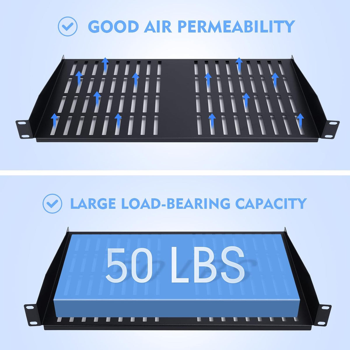2PCS 1U Server Rack Shelf, Suitable for 19" Network Equipment Racks and Cabinets, Ventilated Cantilever Tray, Depth of 12 inches, Well-Ventilated (12")
